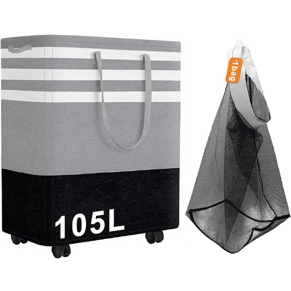 105L Large Tall Laundry Hamper with 4 Wheels, Collapsible Waterproof Freestanding Basket with Removable Bag and Handles for Bedroom, Bathroom, Dorm & Laundry Room (Gray, L)