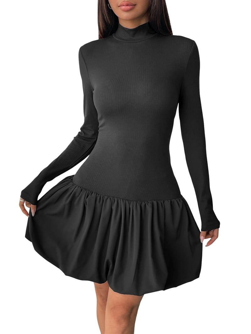 Women Long Sleeve Bubble Mini Dress Bodycon Mock Neck Casual Cocktail Club Party Dresses Black XL