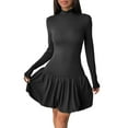 thumbnail image 3 of Women Long Sleeve Bubble Mini Dress Bodycon Mock Neck Casual Cocktail Club Party Dresses Black L, 3 of 9