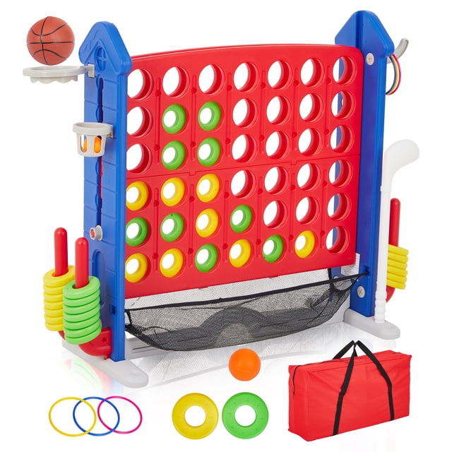 BeesClover Jumbo 4-to-Score Giant Game Set, 4 in A Row for Kids and Adults, Indoor Outdoor Game Set with Mesh Pocket, 42 Jumbo Rings & Quick-Release Slider, Perfect for Family & Party Games