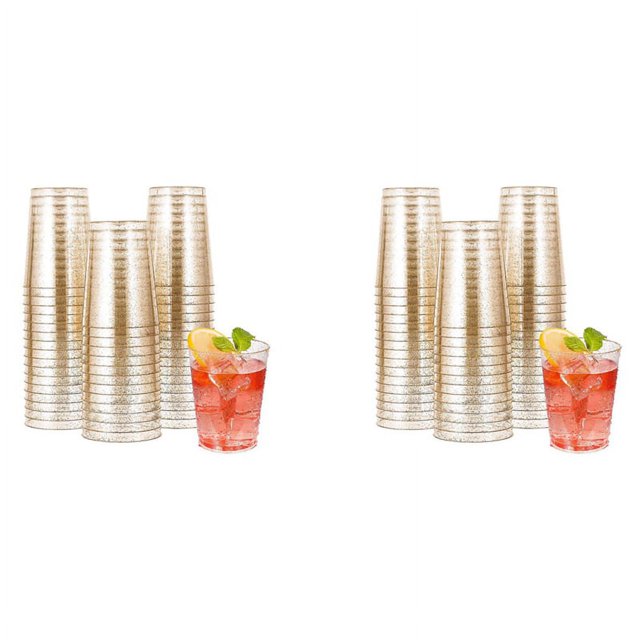 100 vasos de plástico dorados, copas de vino de plástico desechables con purpurina dorada, vasos de plástico transparente, vasos para fiestas navideñas