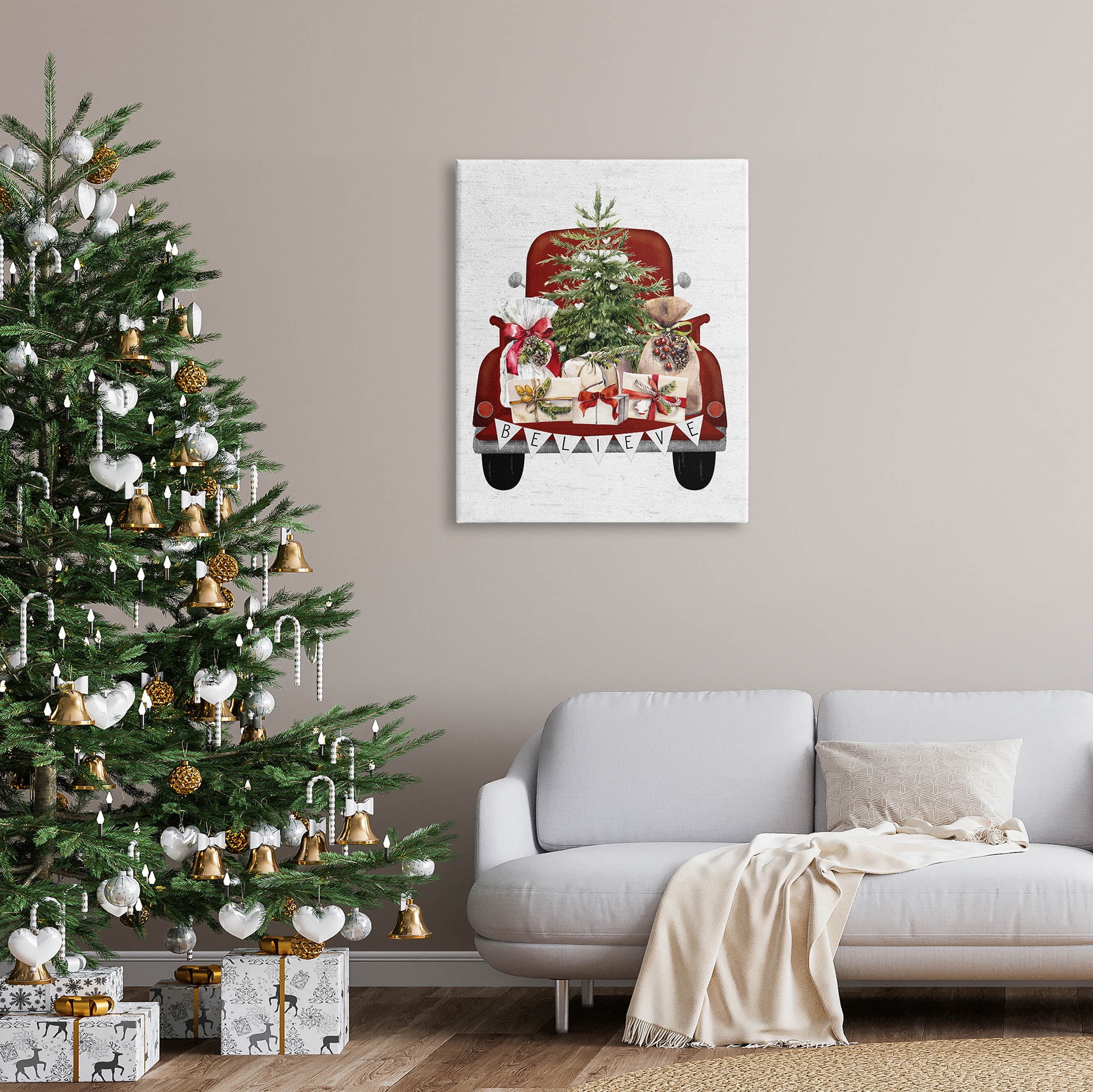 Stupell Industries Believe Seasonal Christmas Truck Graphic Art Gallery Wrapped Canvas Print Wall Art, Design by Lettered and Lined