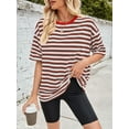 thumbnail image 5 of Womens Oversized Striped T Shirts Loose Fit Crewneck Short Sleeve Tops Summer Casual Blouse Y2K 2025 Coffee Color M, 5 of 7