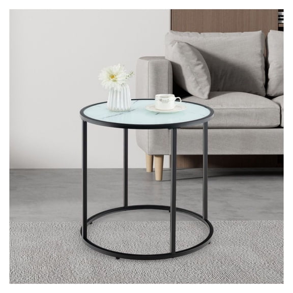 1 PC 20 Inch Glass End Table with Metal Frame and Faux Marble Glass Top Black & White