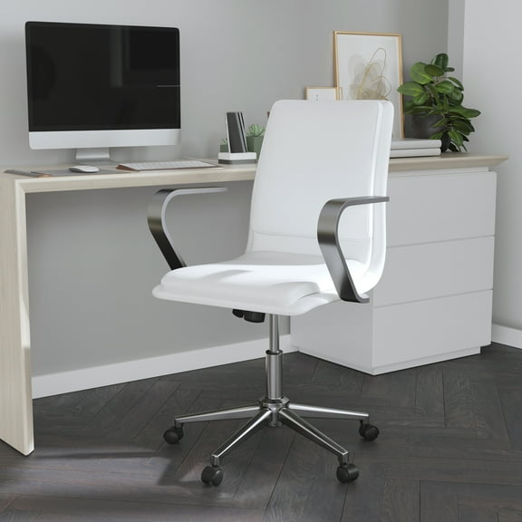 Merrick Lane Mid-Back Home Office Chair with Armrests, Height Adjustable Swivel Seat and Five Star Chrome Base, White Faux Leather