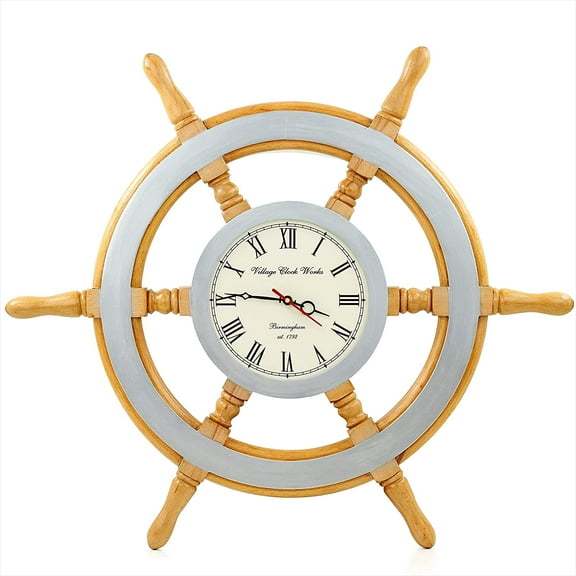 Nagina International 26" Elegant Silver Lined Nautical Ship Wheel with Time's Clock - Home Decor