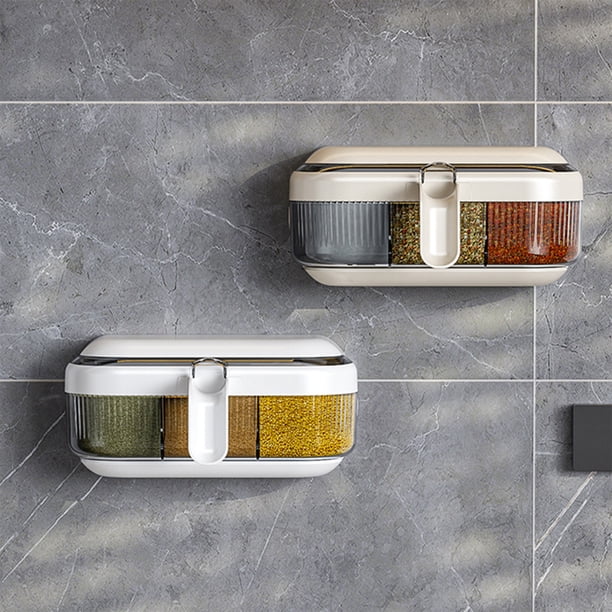 Especiero de Pared | Contenedor de Condimentos de Cocina con 3 Compartimentos | Diseño Compacto para Organizar La Encimera | Plástico Beige o Blanco | Incluye Adhesivo