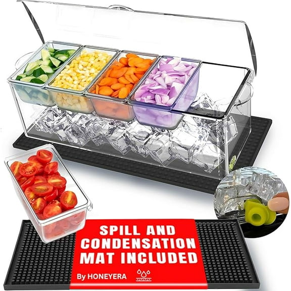 Honeyera Chilled Condiment Server | Hosting Essentials for Up to 80 Oz of Ice | Mimosa Bar Supplies Drain Plug | BPA-Free Taco Bar/Salad Bar | Food-Safe Condiment Caddy (Parent) (Black, 1 Pack)