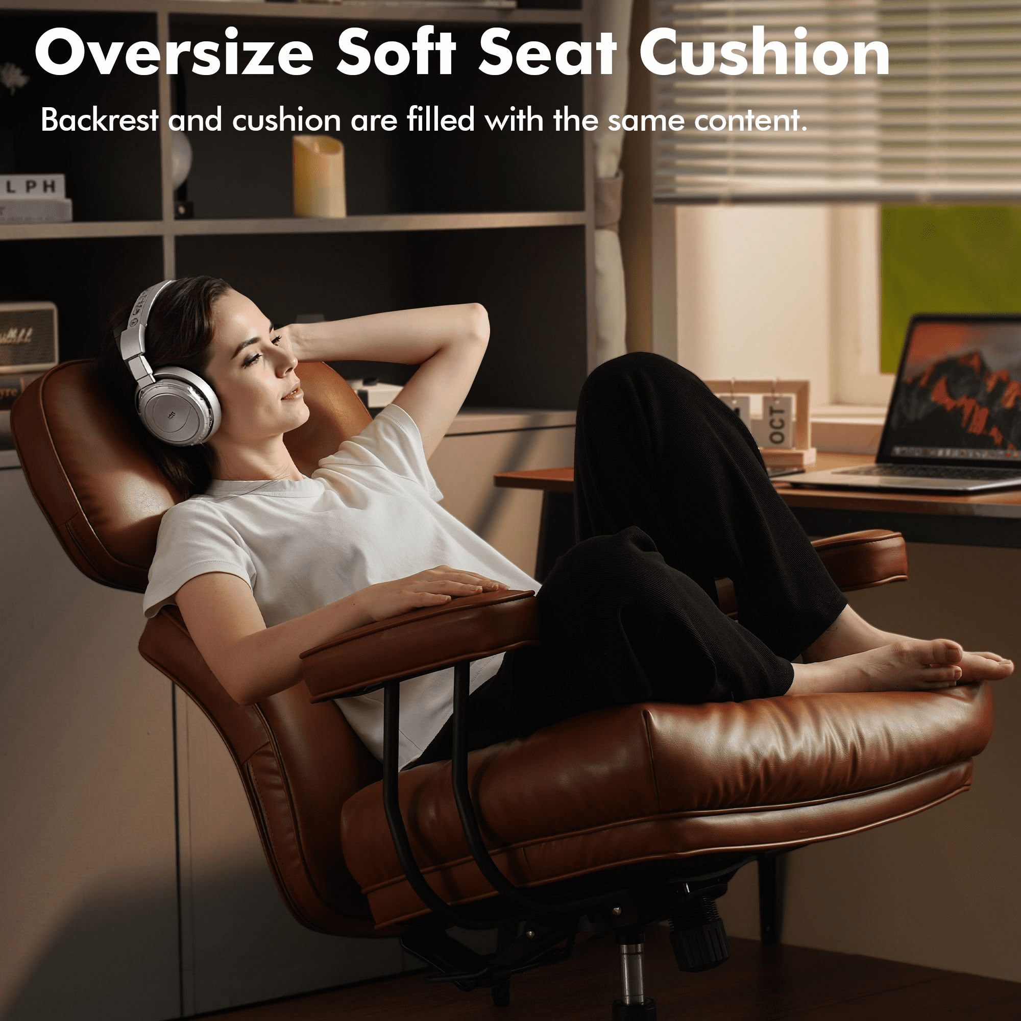 Vcatnet Ergonomic Executive Office Chair, High Back Computer Chair with Lumbar Support, PU Leather Mid-Century Modern Adjustable Home Office Desk Chair, Brown