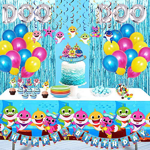 Cute Shark 2 Pcs Table Cloth with 30 Pcs Little Shark Gift Bags for Kids Cute Shark Themed Birthday Party 2pcs Table Covers and 30pcs Gift Bags 