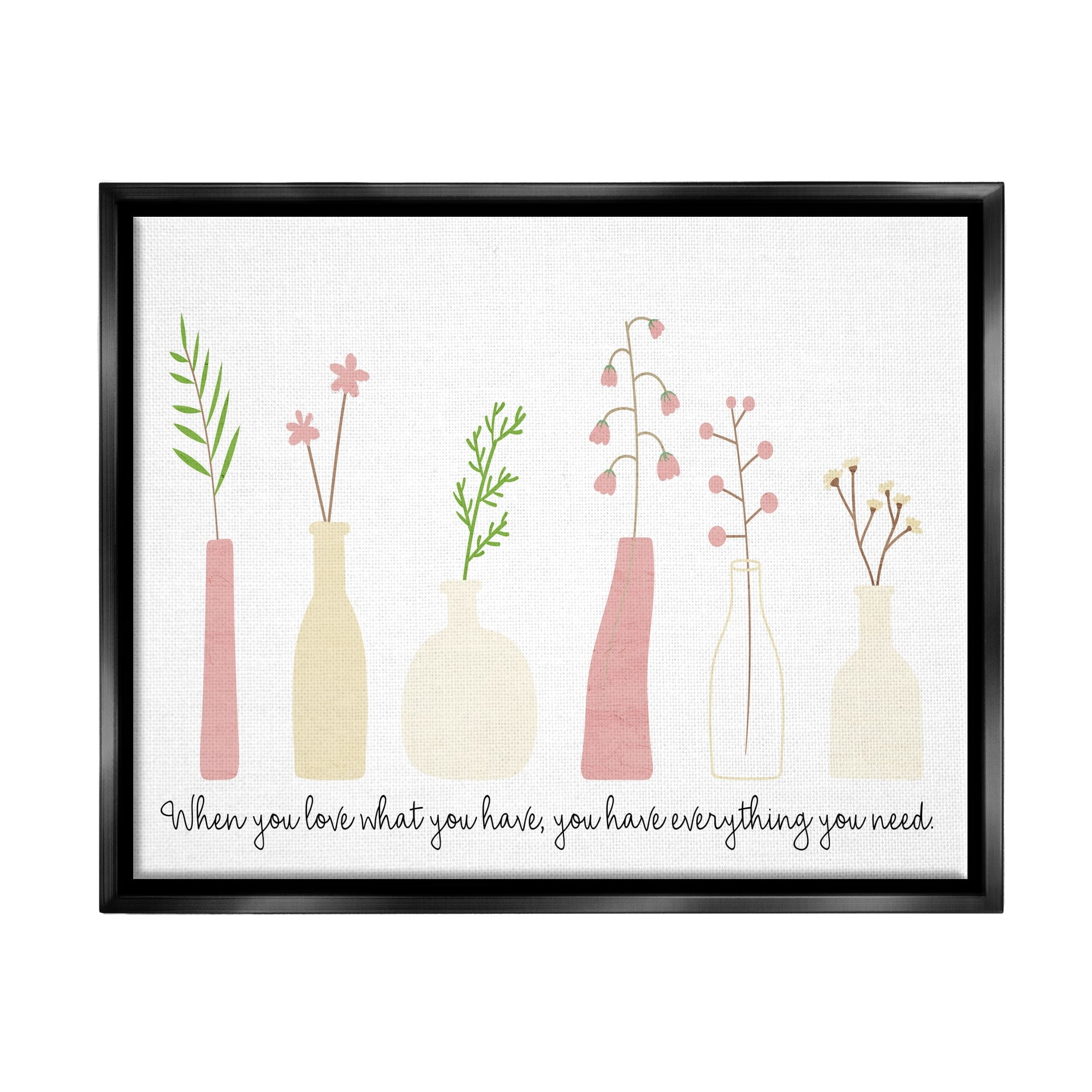 Stupell Industries Love What You Have Uplifting Quote Mixed Flowers Graphic Art Jet Black Floating Framed Canvas Print Wall Art, Design by Kim Allen