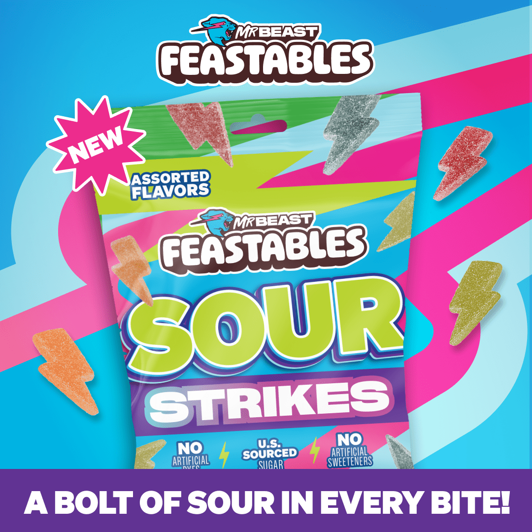 Feastables Mr Beast Sour Strikes, Assorted Flavor Sour Candy, 7.5 oz Bag