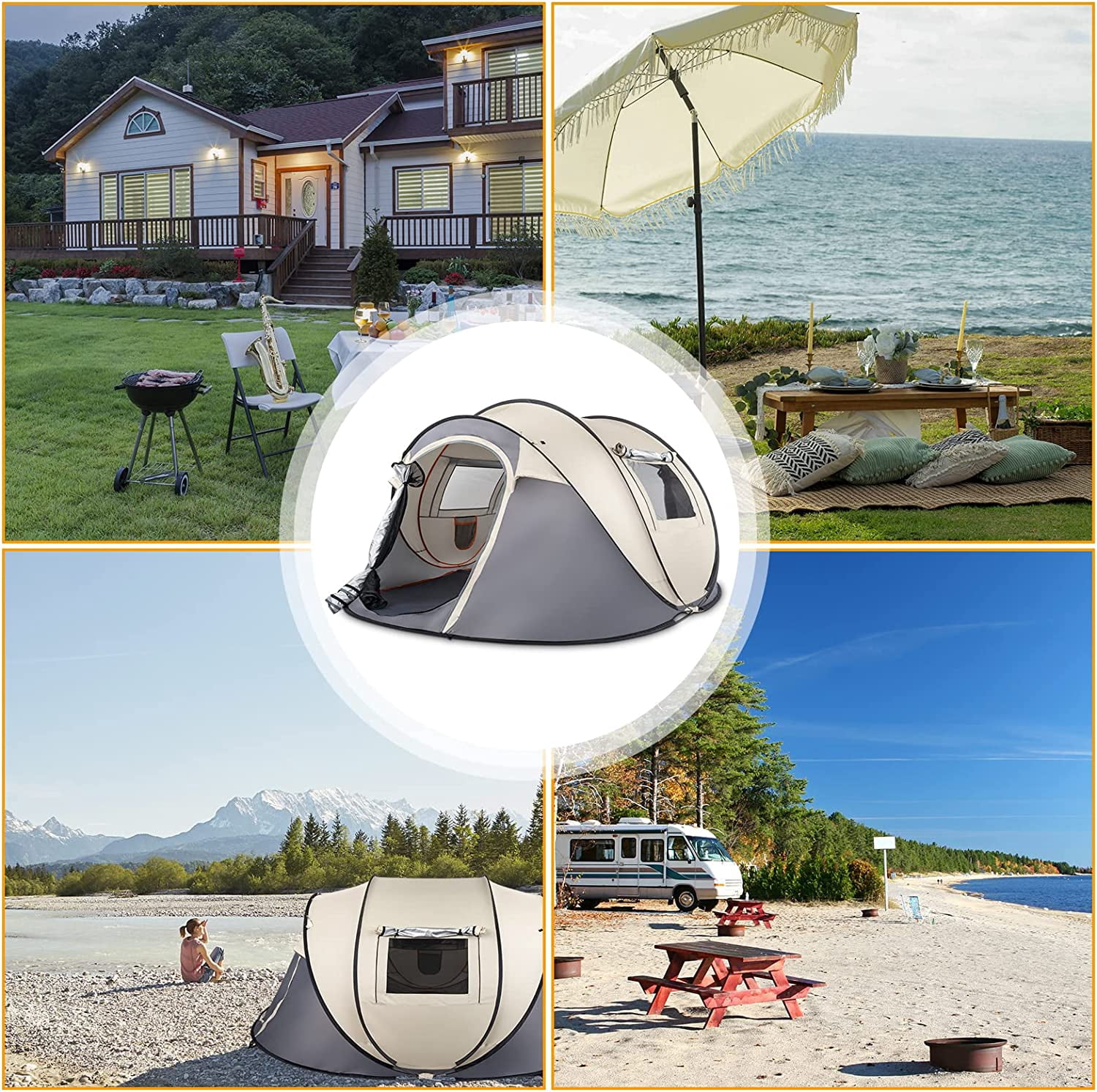 Riwcyla 4 Person Instant Pop Up Camping Tent Easy Setup with Ventilated Doors Windows for Outdoor Beach Backyard