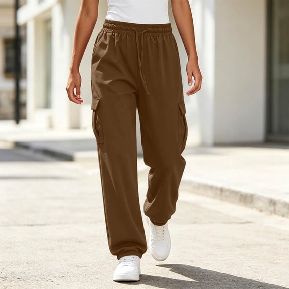 Bazzctt Womens Cargo Sweatpants with Pocekts- Baggy Elastic Waist Casual Stretch Drawstring Jogger Pants Brown Size XL