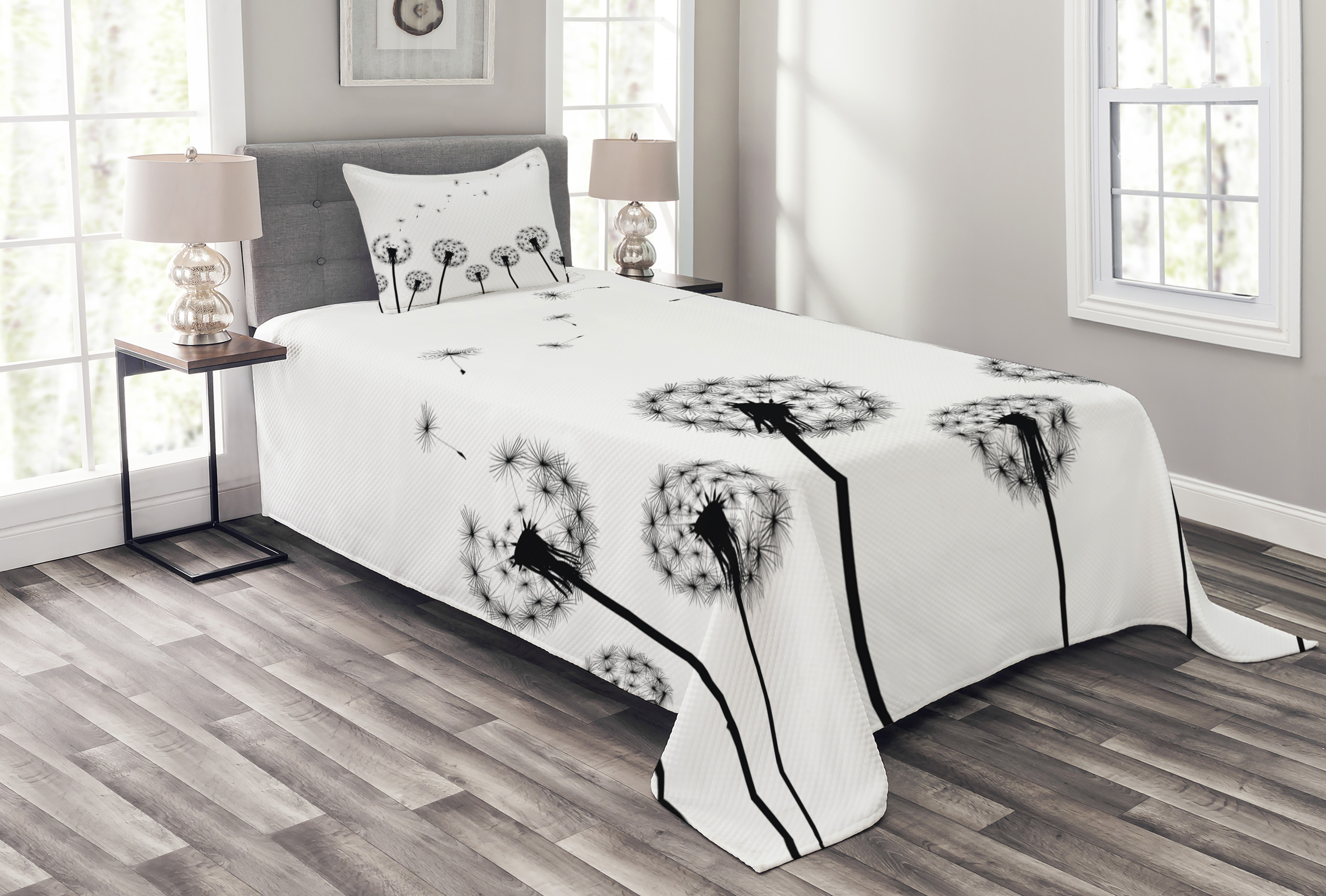 Dandelion Bedspread Set Monochrome Black Flower Silhouettes Wind