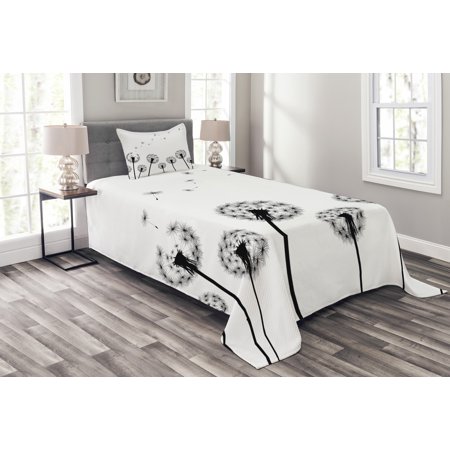 Dandelion Bedspread Set Monochrome Black Flower Silhouettes Wind