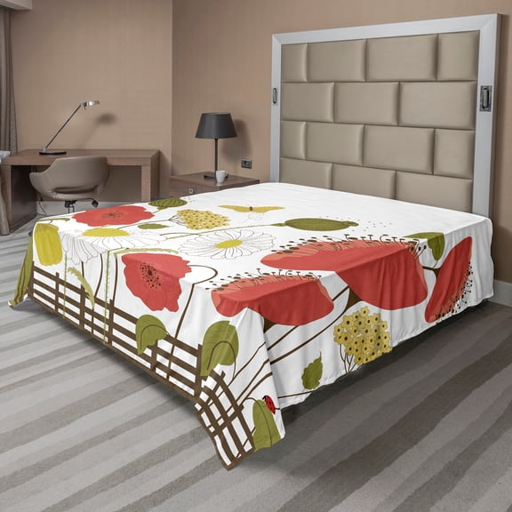 Ambesonne Floral Flat Sheet, Spring Flowers Behind Fence, Full Size, Olive Green Dark Salmon