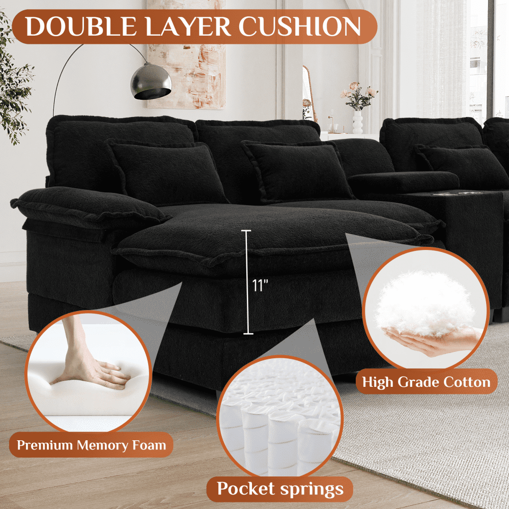 Wiilayok U Shaped Cloud Couch Modular Sectional Sofa 124" Extra Deep Fluffy Chenille Double Chaise Lounge, Central Console w/ Dual USB-C & A Ports, Midnight Black