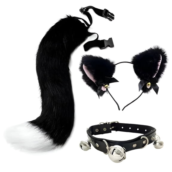 GASTROPOD Faux Fur Cat Ears Hair Clip Furry Wolf Fox Tail Halloween Bell Faux Leather Neck Collar Cosplay Set