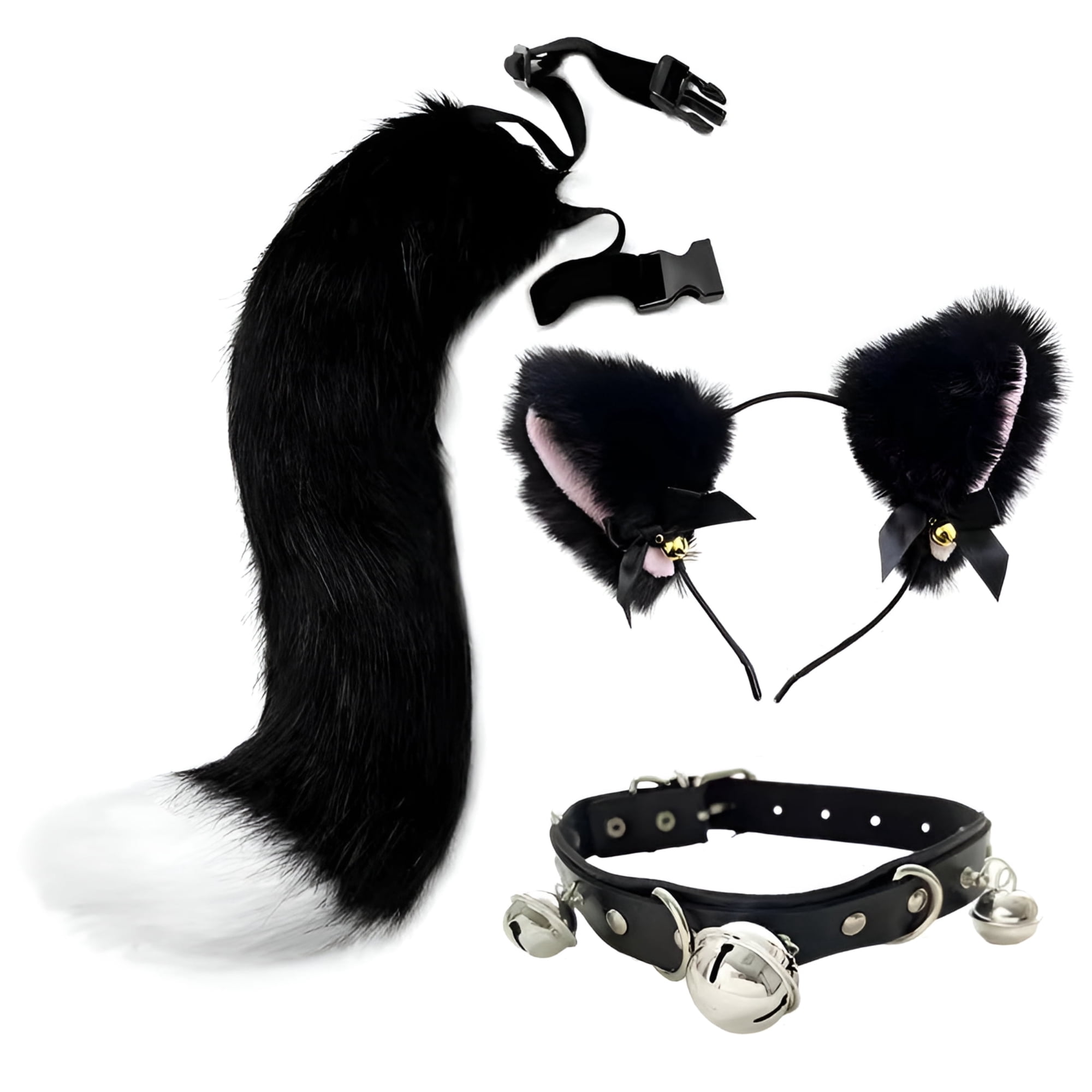 GASTROPOD Faux Fur Cat Ears Hair Clip Furry Wolf Fox Tail Halloween Bell Faux Leather Neck Collar Cosplay Set