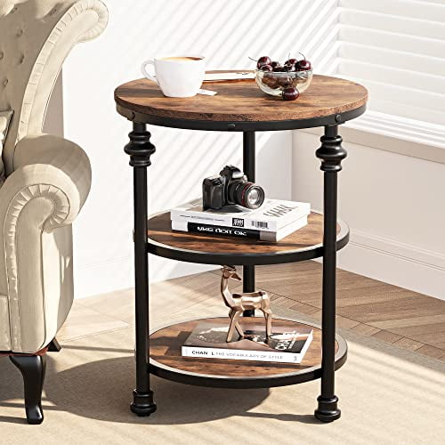 Small Side Table, Round End Table with 3 Shelves for Living Room, Bedroom, Night Stand Accent Coffee Table with Steel Frame for Small Spaces