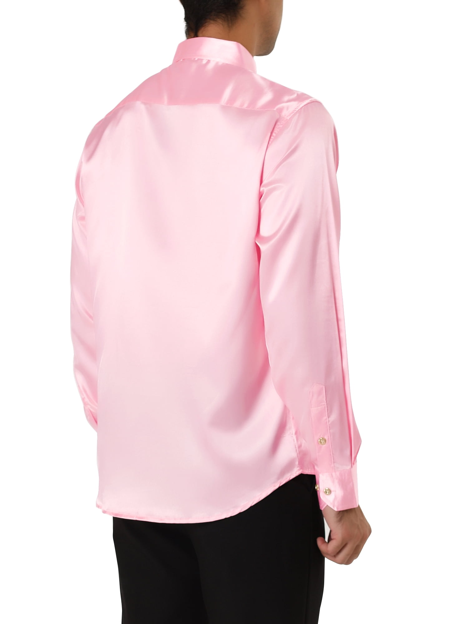 Unique Bargains Men's Satin V Neck Long Sleeves Button Down Prom Shirts 2XL Pink