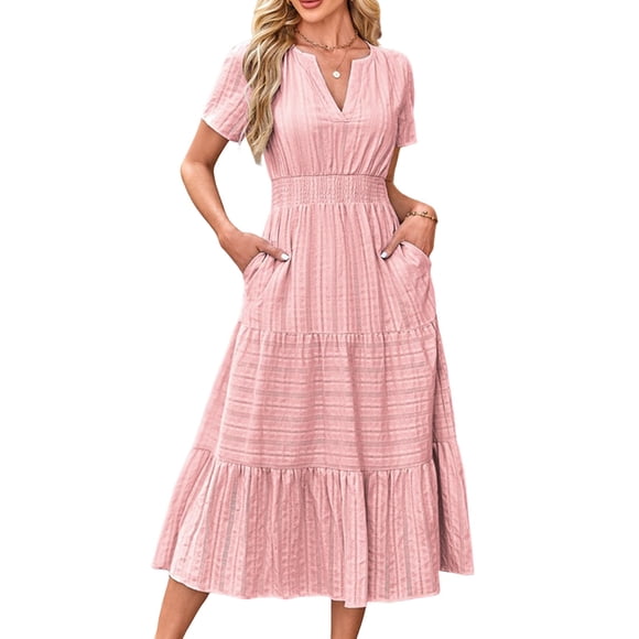 Womens Summer Casual Midi Maxi Dresses Light-Weight Short Sleeve V Neck Elastic Waist Boho Beach Dress Pockets Pink M