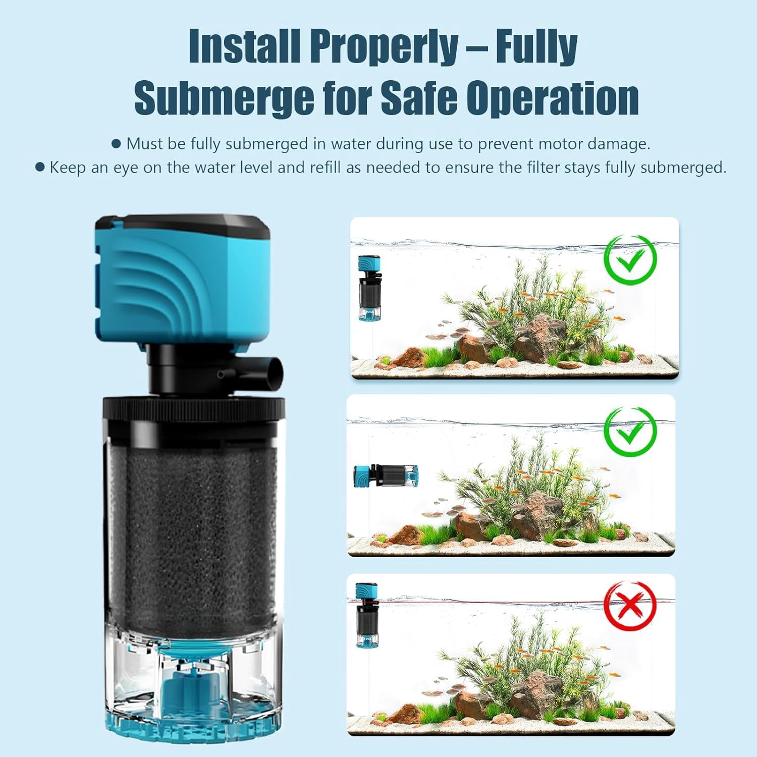 Submersible Aquarium Filter, Upgraded 15-50 Gallon Fish Tank Filter with Fish Guard, 220GPH Internal Whisper Pump, Fresh/Saltwater, Debris Tray, Check Valve