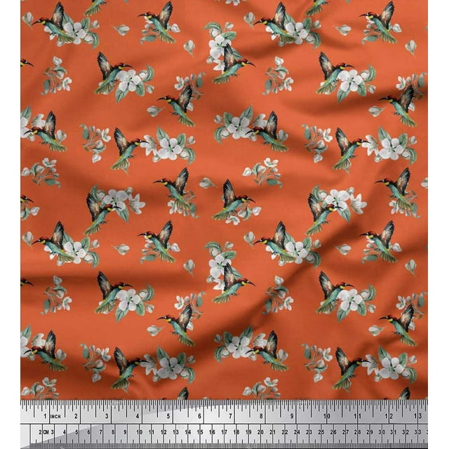 Soimoi polyester Crepe Fabric Leaves,White Floral & Hummingbird Decor Fabric Printed Yards 52 Inch Wide