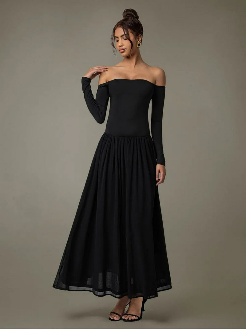 off shoulder black dress long sleeves ruched Long Formal Dress cd243 by Ladivine Black / 10