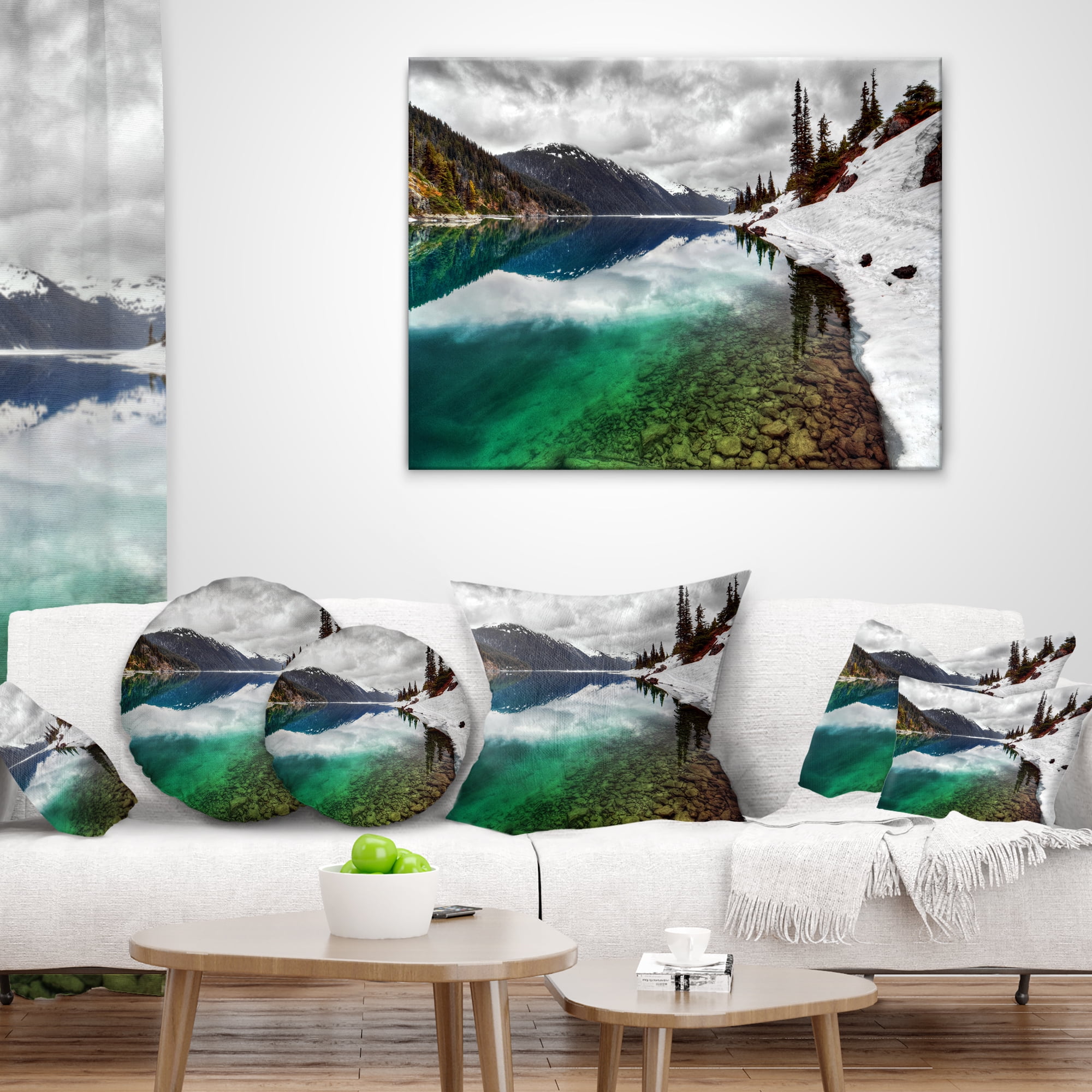 Designart Clear Lake Pine Trees and Mountains - Landscape Printed Throw Pillow - 18x18