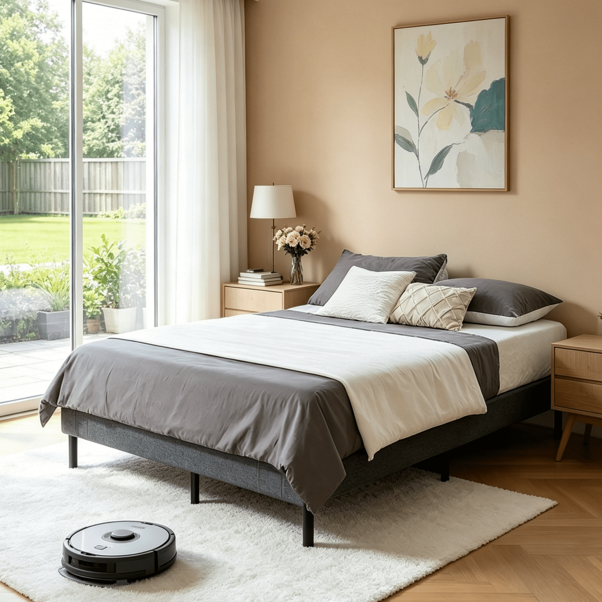 Gewnee KING Size Platform Bed Frame with Wood Slats & Center Support Leg,Under-Bed Clearance for Robot Vacuum,No Box Spring Needed.Gray