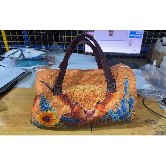 Secfreeship Cow Quilted Embroidered Travel Bag, Portable Polyester Tote for Women, Highland Cow Print Handbag, Cute Animal Theme Carry-On, Yellow (16"x8")