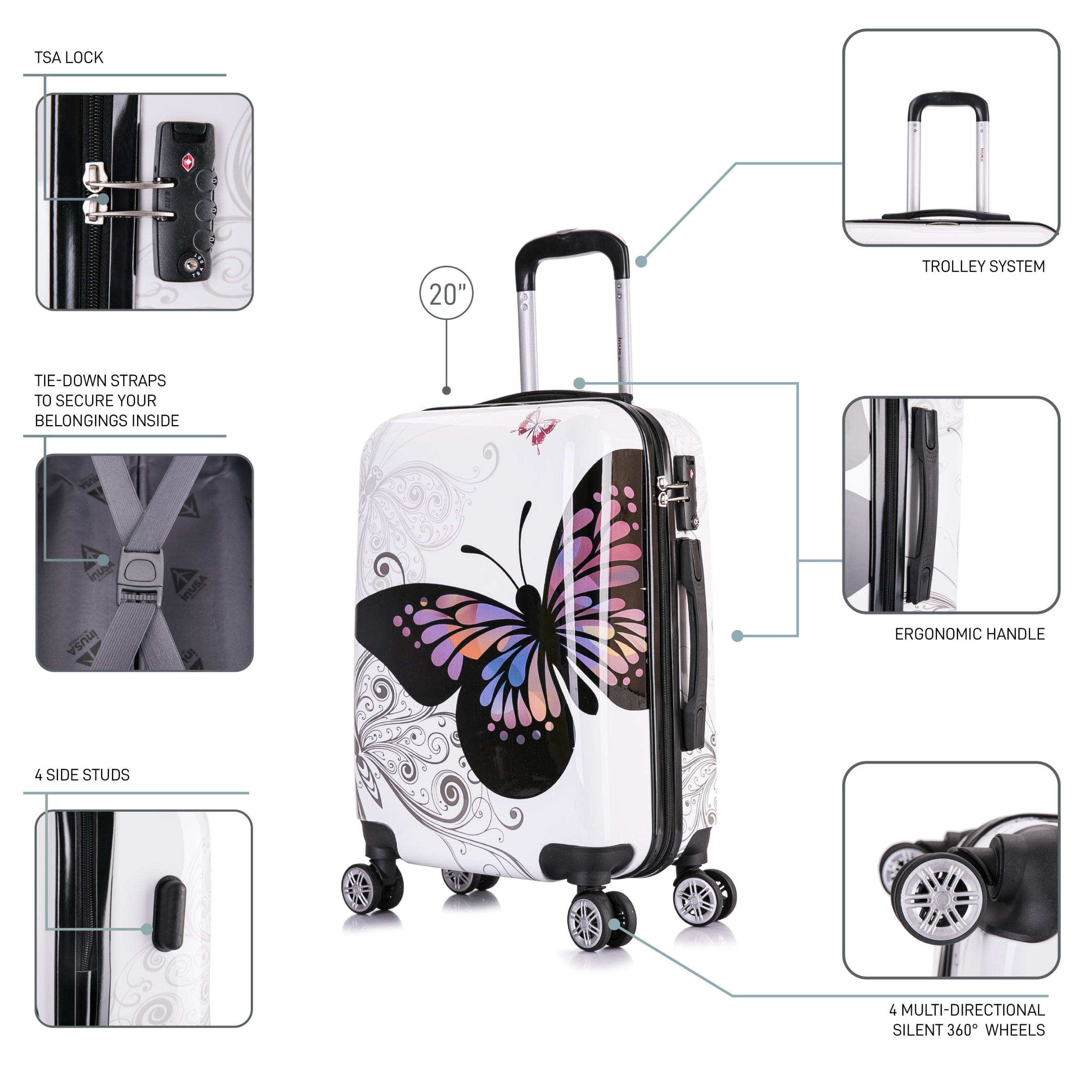 InUSA PRINTS lightweight hardside spinner 20 inch carry-on Butterfly