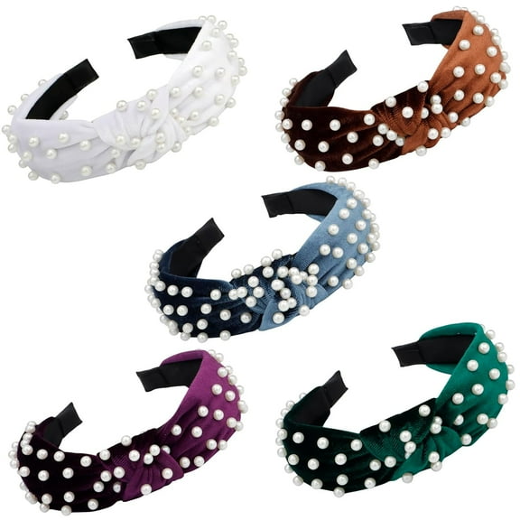 CoCoMangos Pearl Headband - 5 Pcs Set Velvet Fabric in Black, White, Pink, Red, Knotted Headbands with Beaded Non Slip Wide Top Knot, Hair Bands for Women, Hair Accessories for Women, Girls Gifts