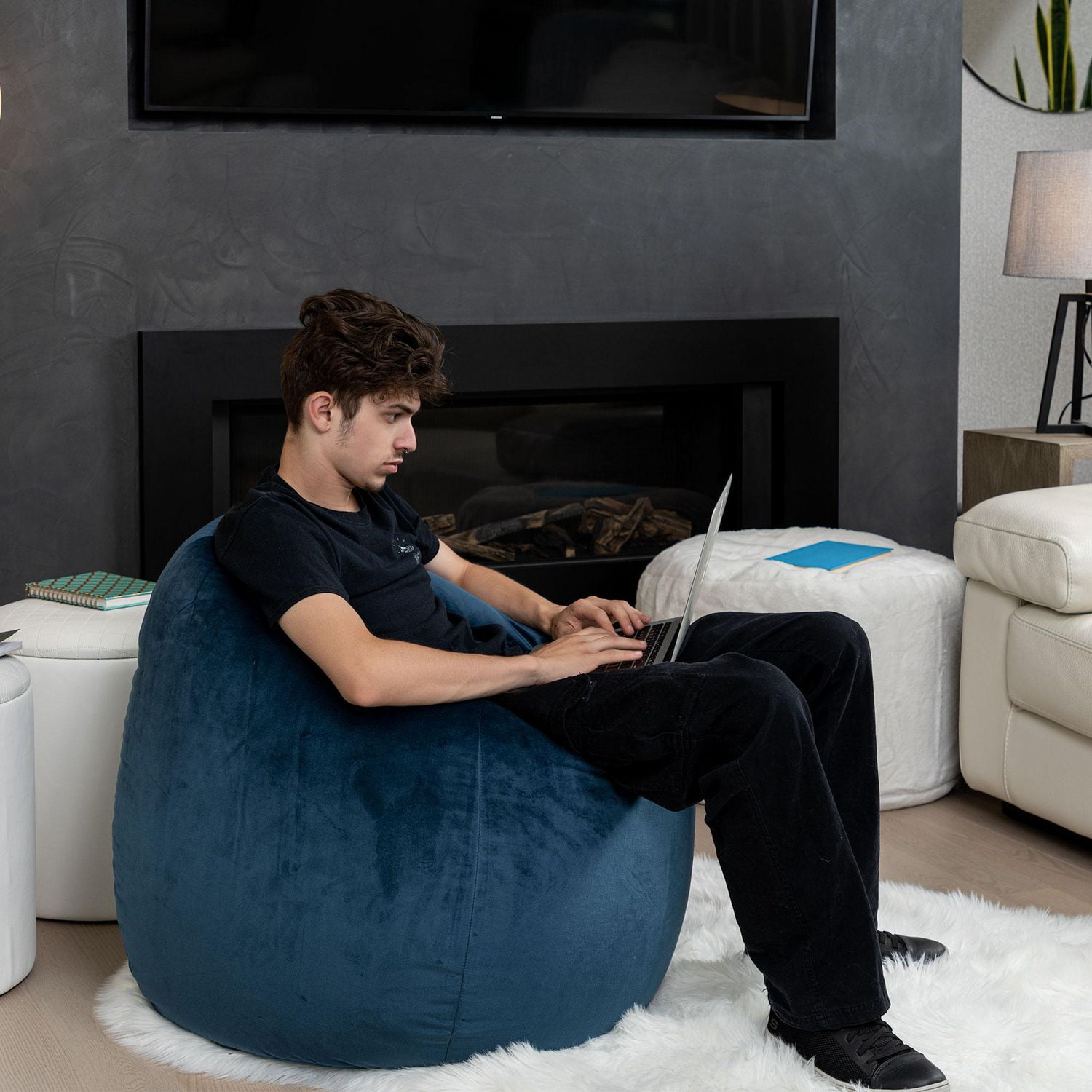 Fauteuil poire Gouchee Home Sambre Marine – Tissu polyester velours doux avec rembourrage en billes de polystyrène, adapté aux adultes et aux adolescents, siège léger et portable pour dortoir ou salon