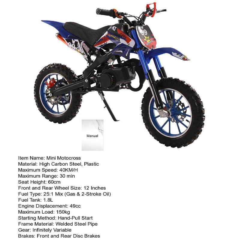Seipouy 49cc 2-Stroke Kids Dirt Bike Kids Motorcycle Gas Dirt Bike Mini Dirt Bike Pocket Gas Motorbike Off Road Gas Power Mini Pocket Motorcycle with Front Rear Disc Brakes Max Speed 40KM/H