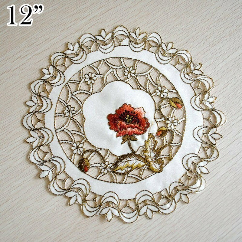 Set of 4 Round Placemats White Vintage Embroidered Lace Doilies Table Mat Flower 
