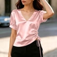 thumbnail image 4 of cocolona Womens Summer Satin Tops V Neck Short Sleeve Drawstring Side Slim Fit Shirt Trendy Casual Solid Color Blouses, 4 of 5
