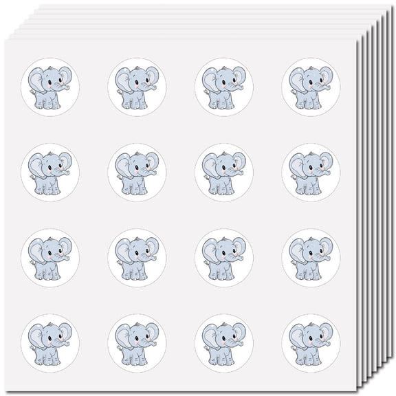 128Pcs Round Elephant Stickers Wild Animal Decal 1" Circle Cartoon Zoo Self-Adhesive Waterproof Blue Sticker DIY