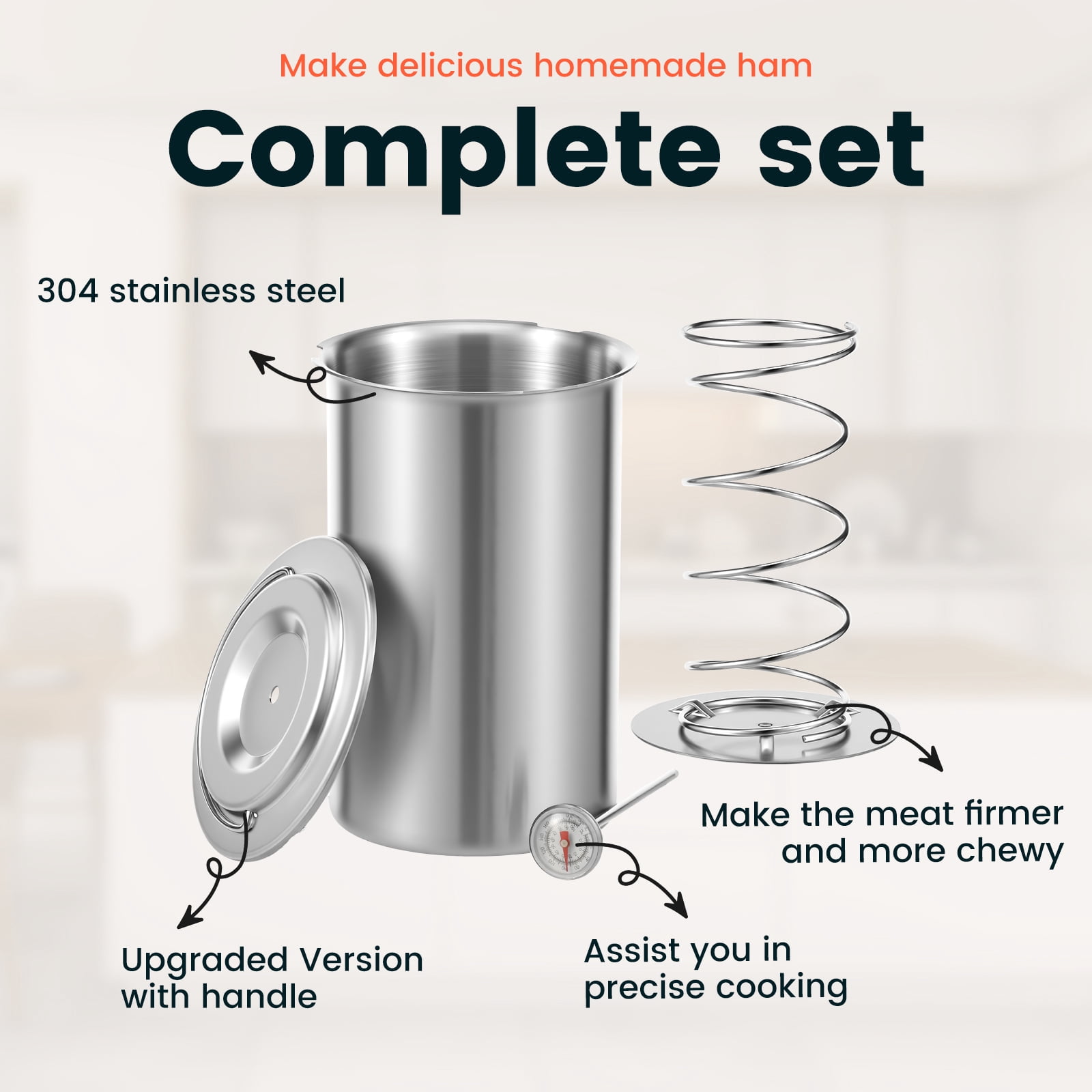 Grusce Stainless Steel Ham Cooker for Making Healthy Homemade Meats, Kitchen Meat Press Mold Tool with Thermometer Anti Scalding Clips for Kitchen Bacon