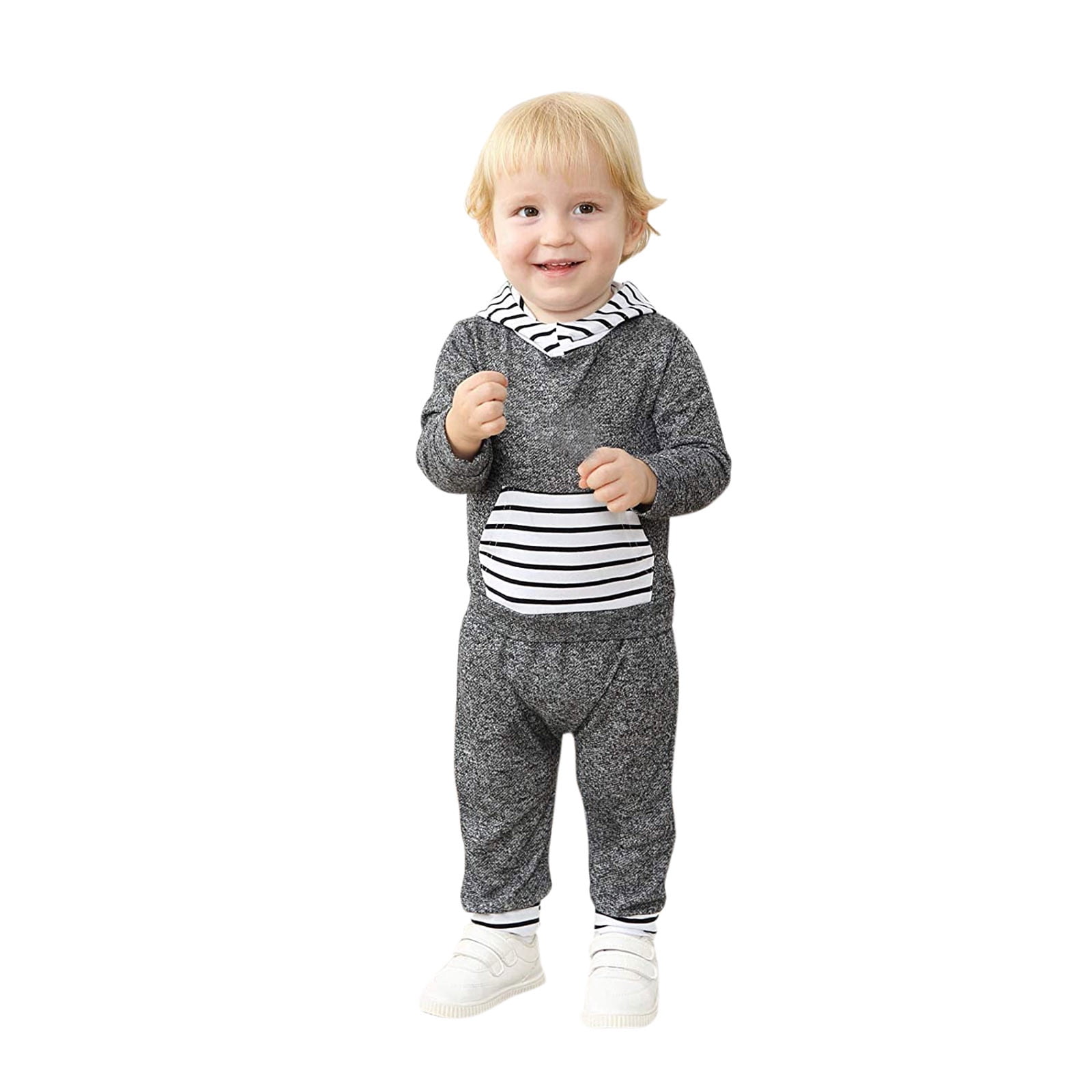 nsendm Big Kid childrenscostume Baby Boy Jacket Infant Hooded Girls Baby Boys Outfits Sweatshirt Pants Set Striped Boys Toddler Boys Clothes Boys Clothes Grey 18 24Months Walmart