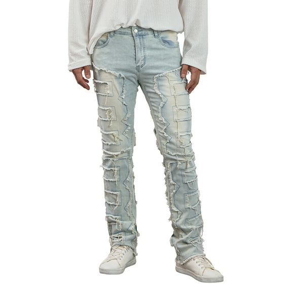 Musuos Men's Regular Fit Stacked Jeans Patch Distressed Destroyed Straight Denim Pants Streetwear Clothes