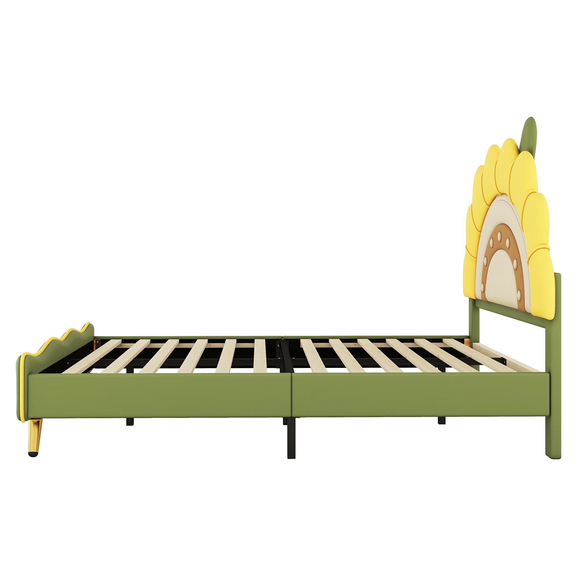 Aukfa Full Upholstered Bed Frame, Cartoon Bed with Sunflower Shape Headboard for Kids, Green