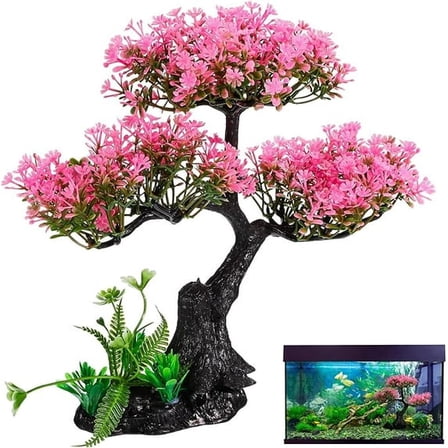 Aquarium Artificial Plants Decor, Pink Cherry Blossom Tree Grass Set for Fish Aquarium Decoration, Fish Bowl Ornaments