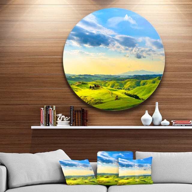 Designart - Colorful Tuscany Countryside Farm' Disc Landscape Metal Circle Wall Art