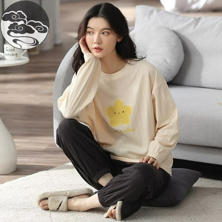 

QWZNDZGR Spring Autumn Elegant Women s Sleep Pajama Long Sleeved Woman Pajama Sets Cartoon Pyjamas Cotton Sleepwear M-2XL Lounge Fashion