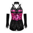 thumbnail image 5 of Kaerm Kid Girls Modern Latin Dance Outfit Halter Sequin Fringed Leotard with Gloves Hot Pink 16, 5 of 7