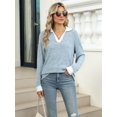 thumbnail image 6 of Women'S V Neck Sweaters Pullover Color Block Collar Long Sleeves Loose Fit Casaul Tunic Tops Shirts Light Blue M, 6 of 8