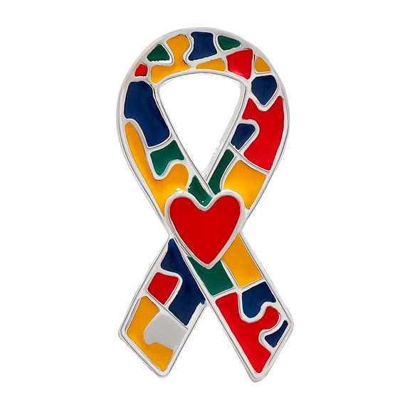 Autism Puzzle Ribbon with Heart Pins (2 Pins)